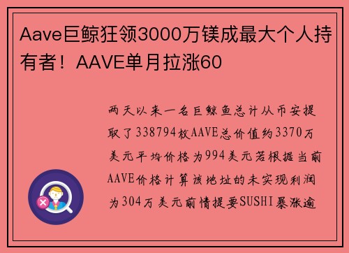 Aave巨鲸狂领3000万镁成最大个人持有者！AAVE单月拉涨60