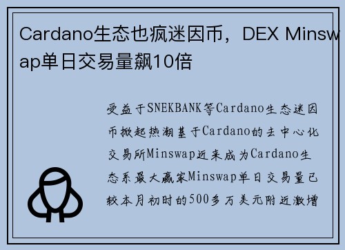 Cardano生态也疯迷因币，DEX Minswap单日交易量飙10倍
