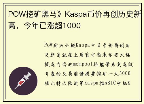 POW挖矿黑马》Kaspa币价再创历史新高，今年已涨超1000